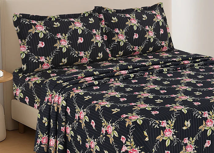 Cotton black pillow cover with diamond floral print, two pillows visible