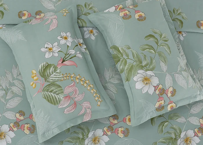Sea grass cotton pillow cover with layered leaf and flower motifs