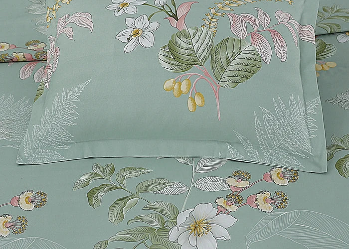 Sea grass cotton pillow cover with botanical leaves, flowers, and berries pattern