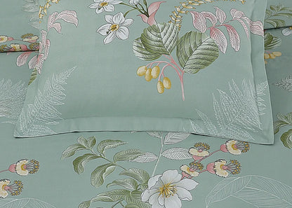 Sea grass cotton pillow cover with botanical leaves, flowers, and berries pattern
