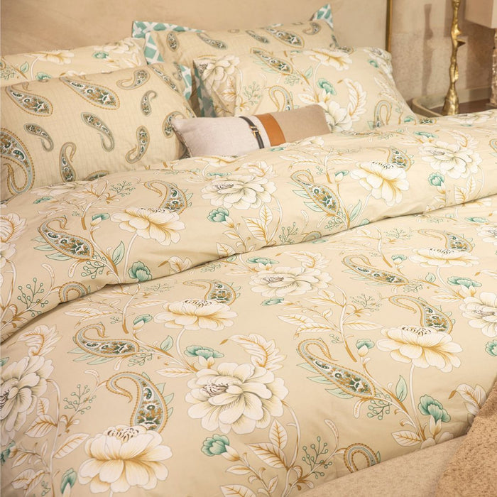 Square cotton percale pillow covers, cream with teal paisley and floral patterns