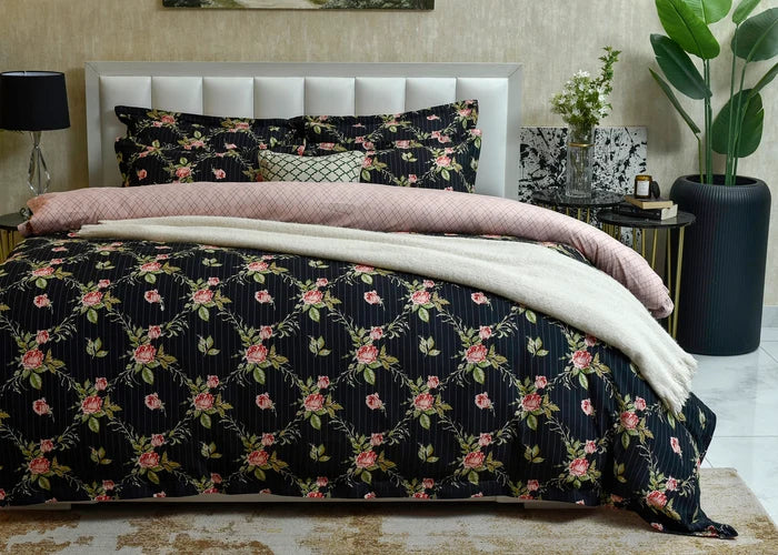 Black floral quilt cover with pink roses and thin white stripes, with matching pillow cases