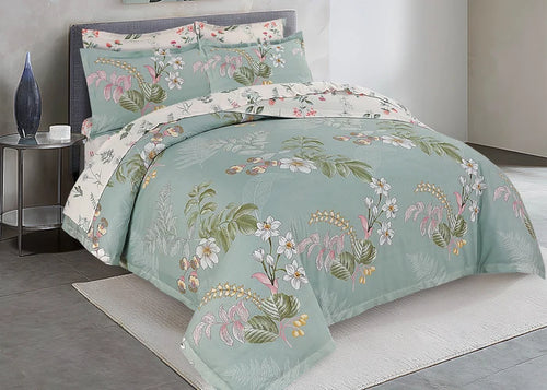 Quilt cover in Sea Grass light teal with tropical floral and leaf print, cotton