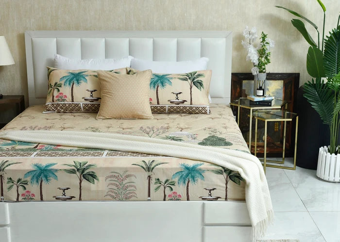 Cotton summer bed sheet with tropical palm and animal motifs, bordered design