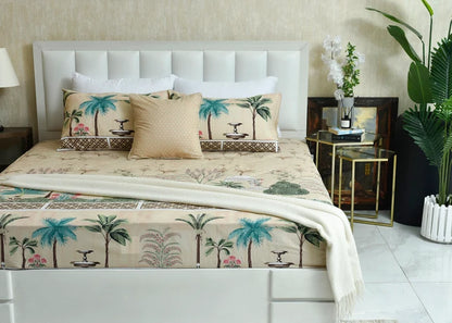 Cotton summer bed sheet with tropical palm and animal motifs, bordered design