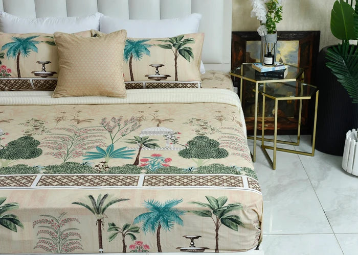 Cotton summer bed sheet with botanical prints and striped edge detail