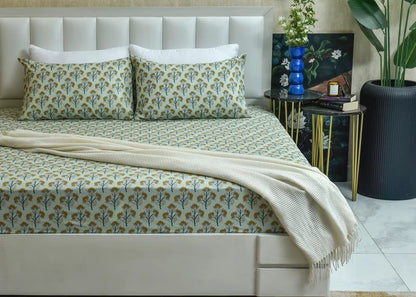 Cotton bed sheet with botanical tree print and yellow accents