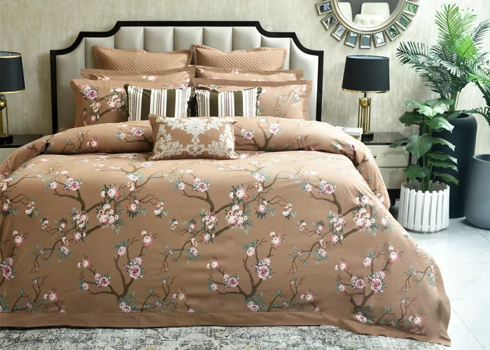 Coffee brown cotton quilt cover set with floral branches and matching pillow shams