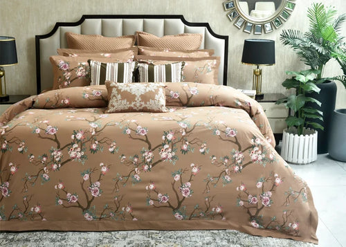 Coffee brown cotton quilt cover set with floral branches and matching pillow shams