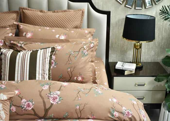 Coffee cotton pillow cover with floral tree and birds pattern