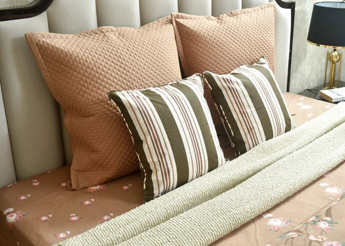 Cotton square cushion cover set in coffee brown, quilted with striped cushion front