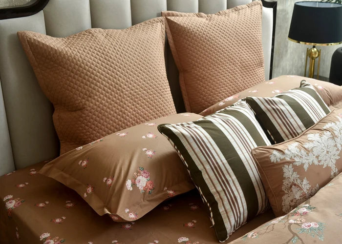 Cotton square cushion cover set, quilted coffee brown with floral and striped inserts