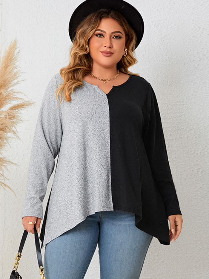Honey Plus Size Contrast Notched Neck T-Shirt Black - T-Shirts