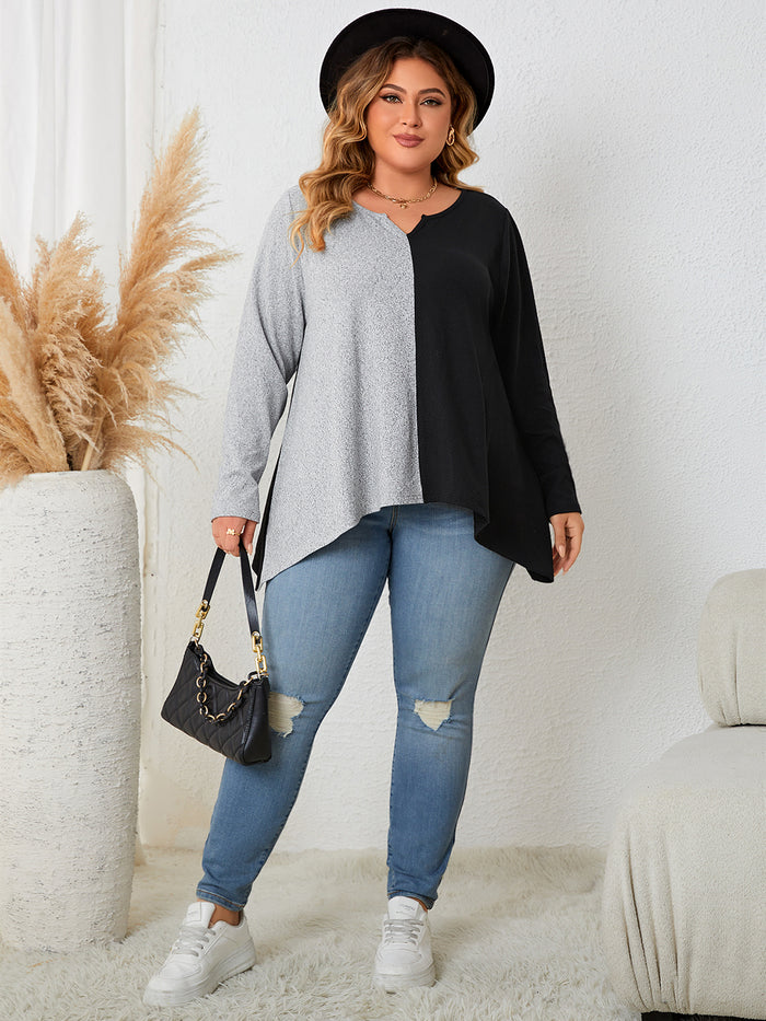 Honey Plus Size Contrast Notched Neck T-Shirt - T-Shirts
