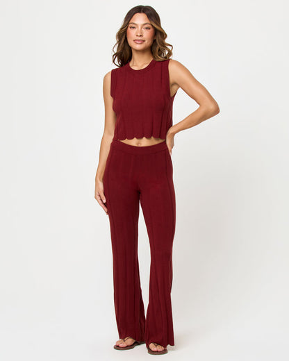 LSPACE Iris pant in dusty fig, front view on model.