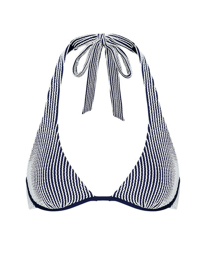 Off-model image of the LSPACE midnight blue Isa Bikini Top showing the triangle halter silhouette in navy and white stripe.