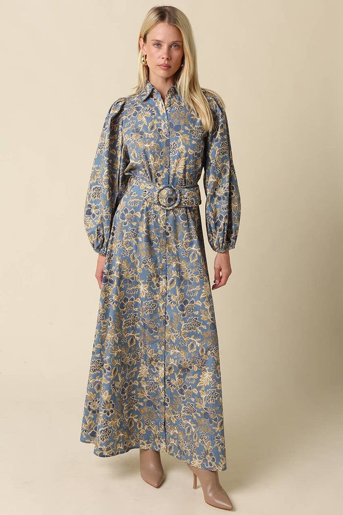 Jasmin Floral Belted Blue Grey and Gold Maxi Dress