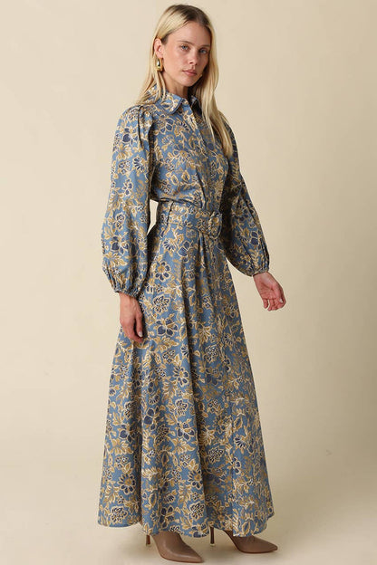 Jasmin Floral Belted Blue Grey and Gold Maxi Dress