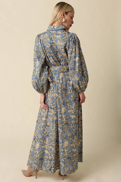 Jasmin Floral Belted Blue Grey and Gold Maxi Dress