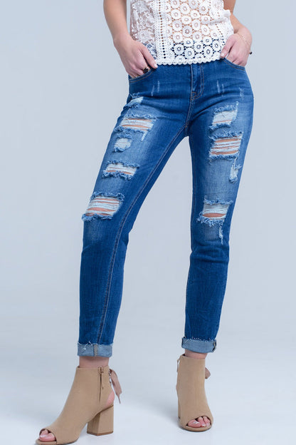 Jean with shredded rips and raw-cut cuffs - Denim