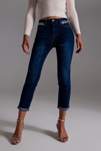 Jeans With strass Fringe At Pockets In Dark Wash - Denim