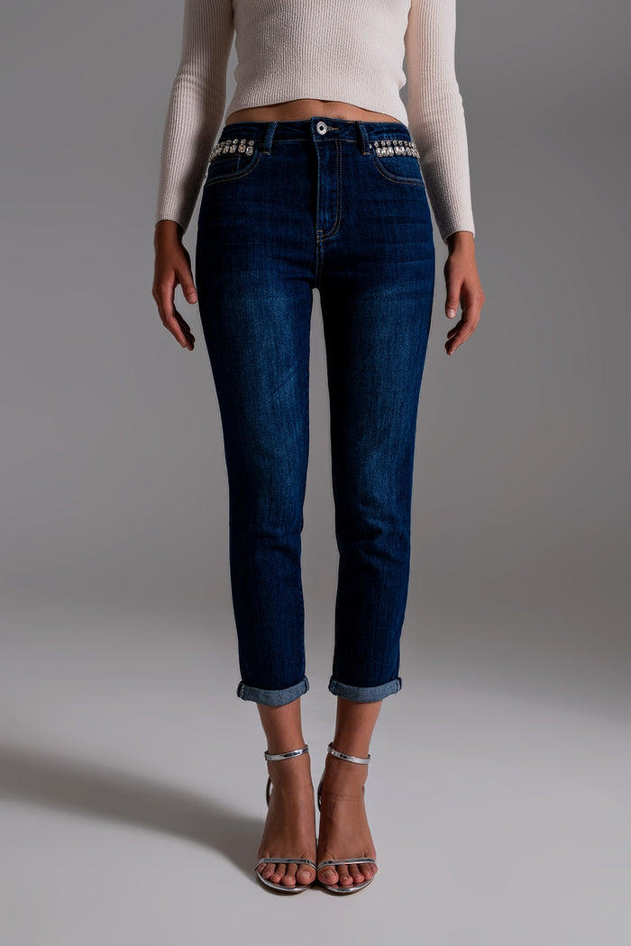 Jeans With strass Fringe At Pockets In Dark Wash - Denim