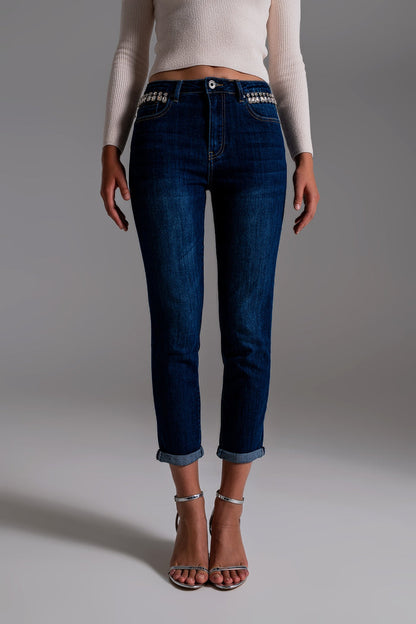 Jeans With strass Fringe At Pockets In Dark Wash - Denim