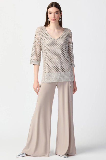 Joseph Ribkoff 241922 Champagne Open Stitch Sequin Jumper - Dotique Chestefield