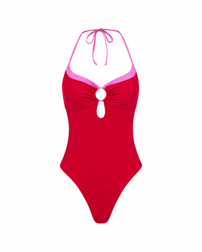 Off-model front view of the LSPACE Lipstick Red Sweetheart Juno One Piece Swimsuit.
