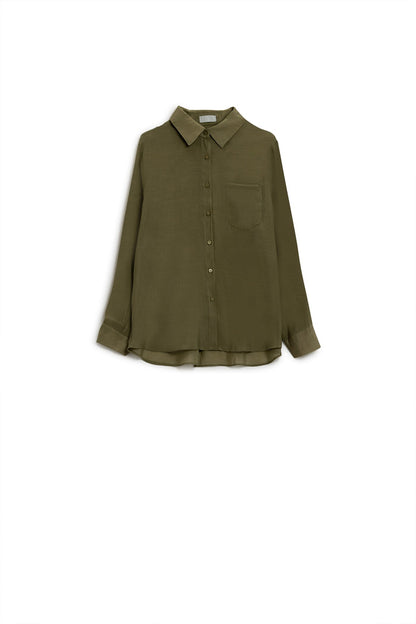 Kahki chiffon shirt with long sleeves and one chest pocket - Shirts