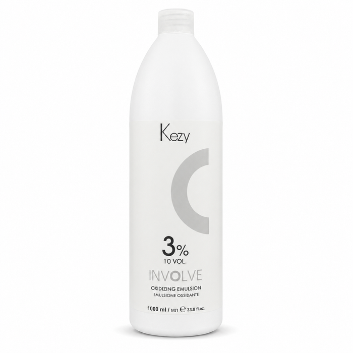 Kezy Involve Oxidizing Emulsion 1000ml 3% 10 Vol. in a white professional bottle with a screw cap, displayed on a clean white background. Cream developer for toning, colour refresh and low-lift hair colour applications.