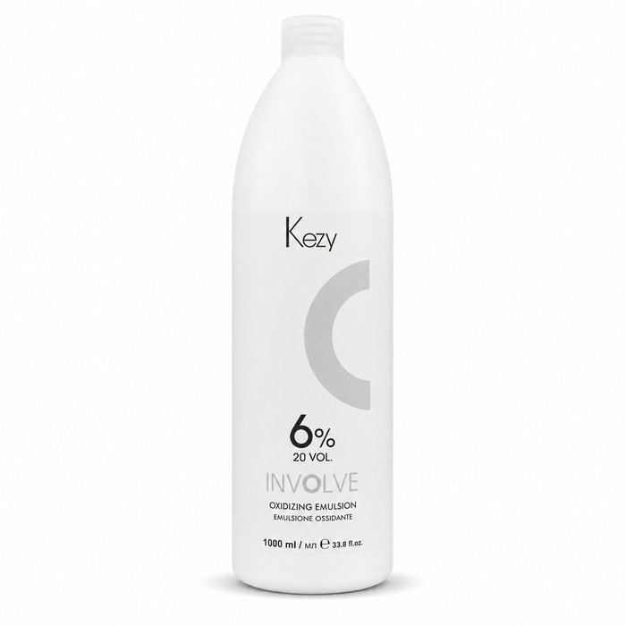 Kezy Involve Oxidizing Emulsion 1000ml 6% 20 Vol. in a white professional bottle with a screw cap, displayed on a clean white background. Cream developer for permanent hair colouring and grey coverage.