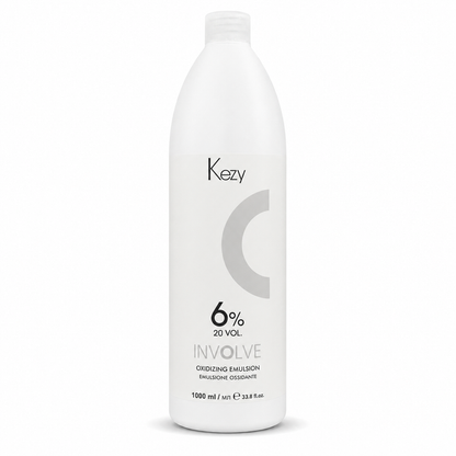 Kezy Involve Oxidizing Emulsion 1000ml 6% 20 Vol. in a white professional bottle with a screw cap, displayed on a clean white background. Cream developer for permanent hair colouring and grey coverage.