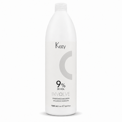 Kezy Involve Oxidizing Emulsion 1000ml 9% 30 Vol. in a white professional bottle with a screw cap, displayed on a clean white background. Cream developer for permanent hair colouring and lightening services.