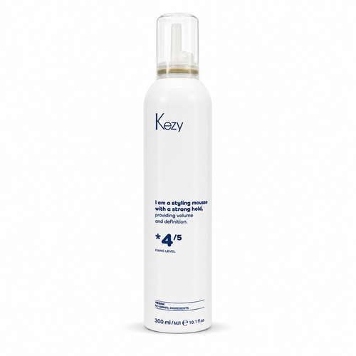 Kezy Strong Hold Styling Mousse 300ml 4/5 in a white aerosol bottle with a clear foaming pump cap, displayed on a clean white background. Professional styling mousse that adds volume, definition and long-lasting hold for all hair types.