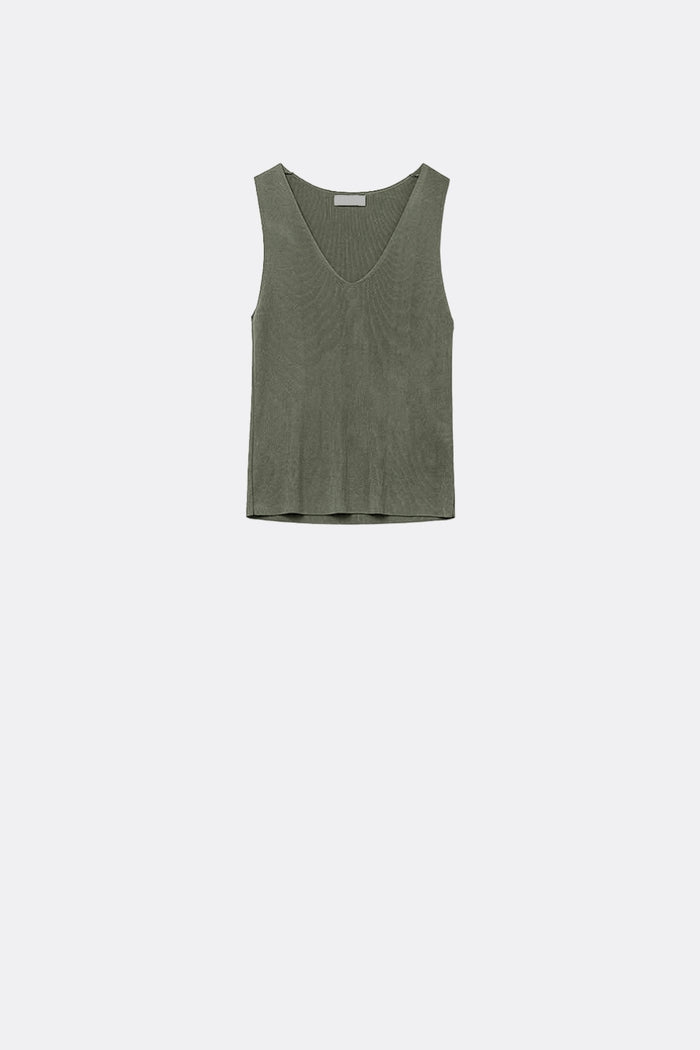 khaki sleeveless fine knitted top With V-Neck