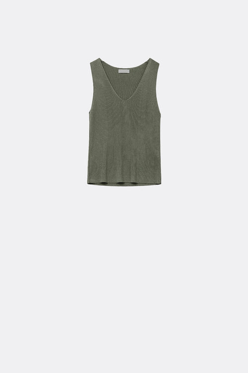 khaki sleeveless fine knitted top With V-Neck