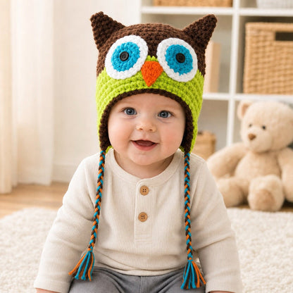 Baby wearing brown and green owl beanie hat with thinner braided ties