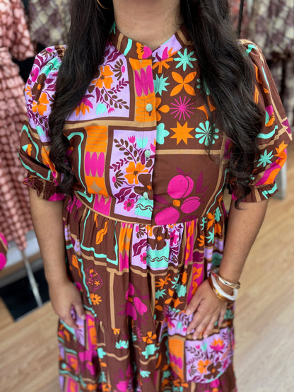 Kiki Tiered Brown Floral Frame Maxi Dress