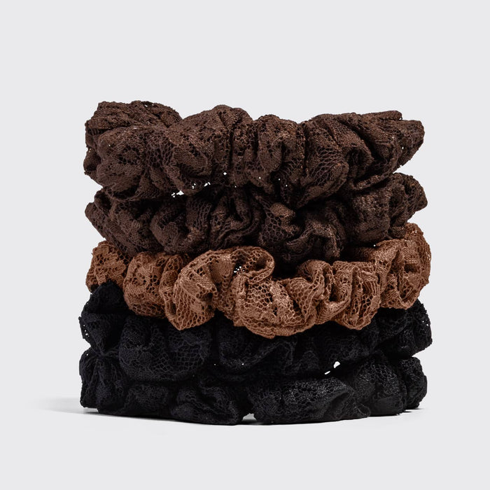 Kitsch Ruched Lace Scrunchies 5pc Set - Black, Chocolate & Mocha