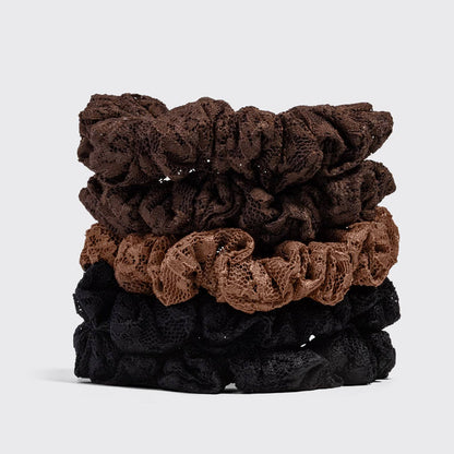 Kitsch Ruched Lace Scrunchies 5pc Set - Black, Chocolate & Mocha