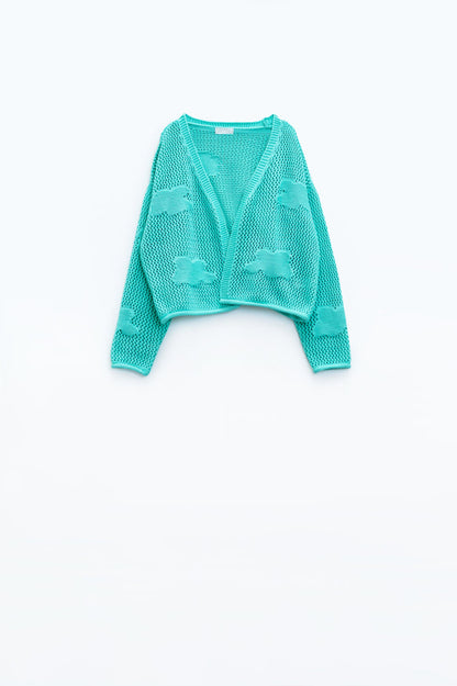 Knitted Crochet Cardigan With Knitted Clouds In light turquoise