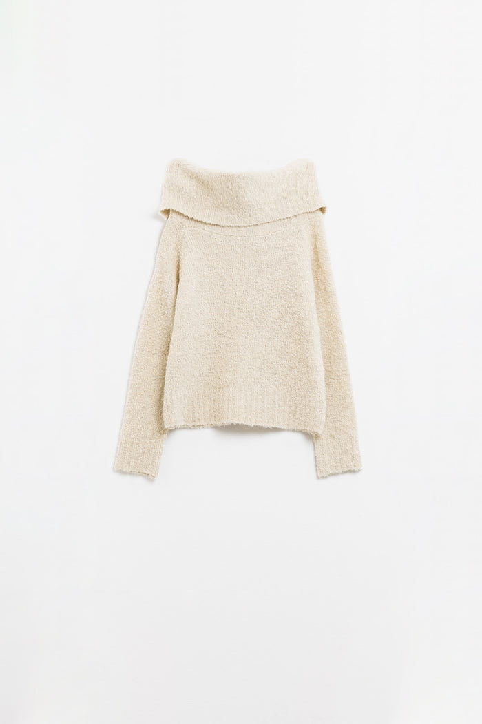 knitted fluffy boat neck sweater in cream