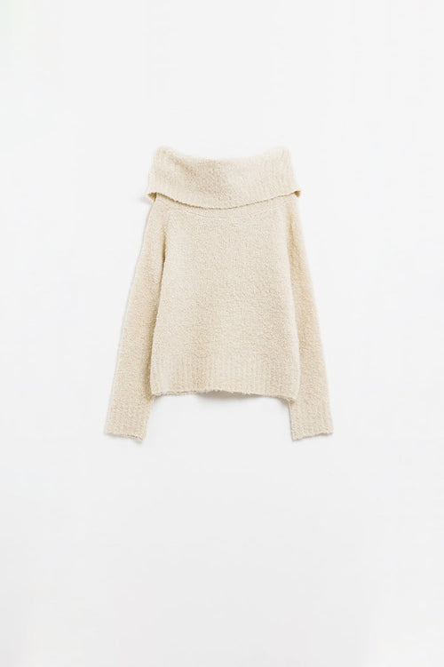 knitted fluffy boat neck sweater in cream