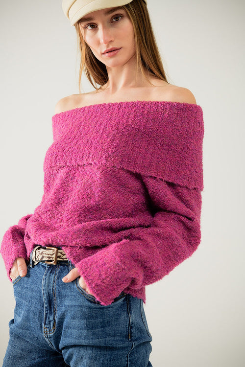 knitted fluffy boat neck sweater in fucsia