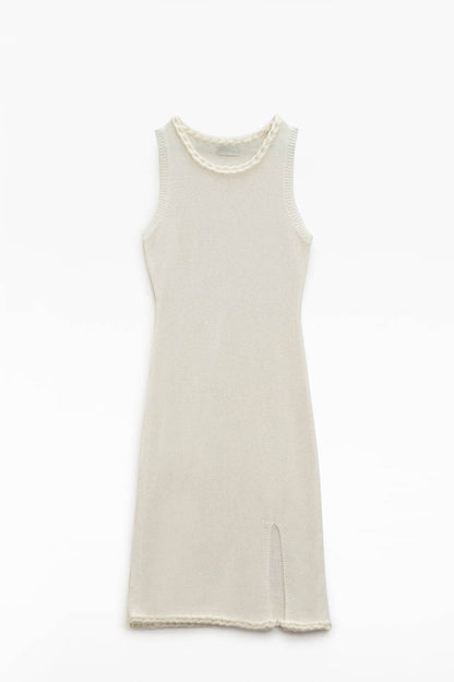 Knitted Midi Dress With Braided Detail in Cream - dress