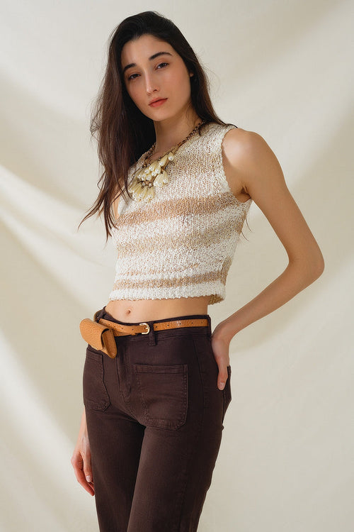 Knitted Tints of Beige Sleeveless Sweater With Stripes and Crew Neckline