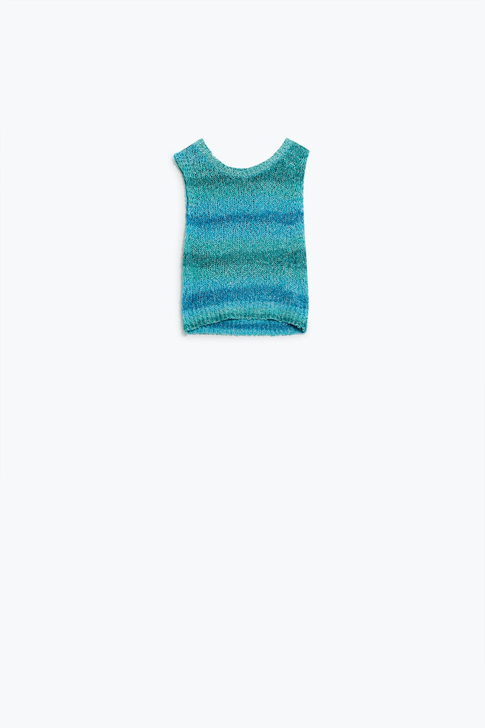 Knitted Tints of Blue Sleeveless Sweater With Stripes and Crew Neckline