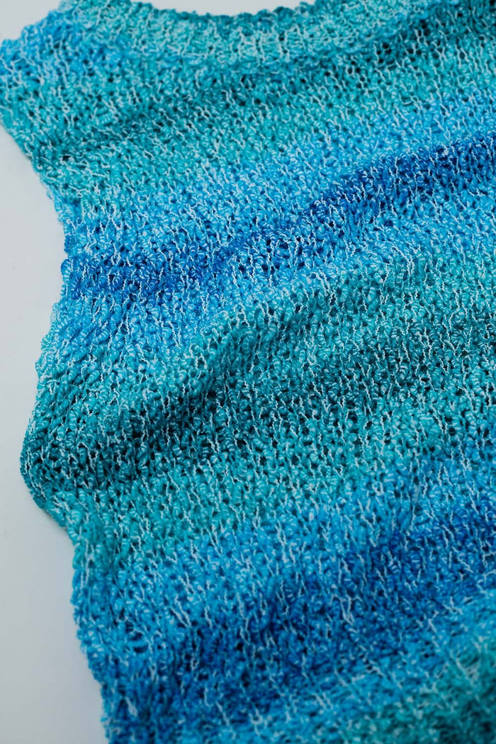 Knitted Tints of Blue Sleeveless Sweater With Stripes and Crew Neckline