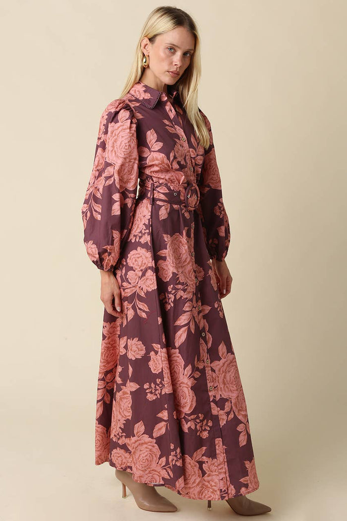 Kylie Wine and Pink Floral Belted Maxi Dress